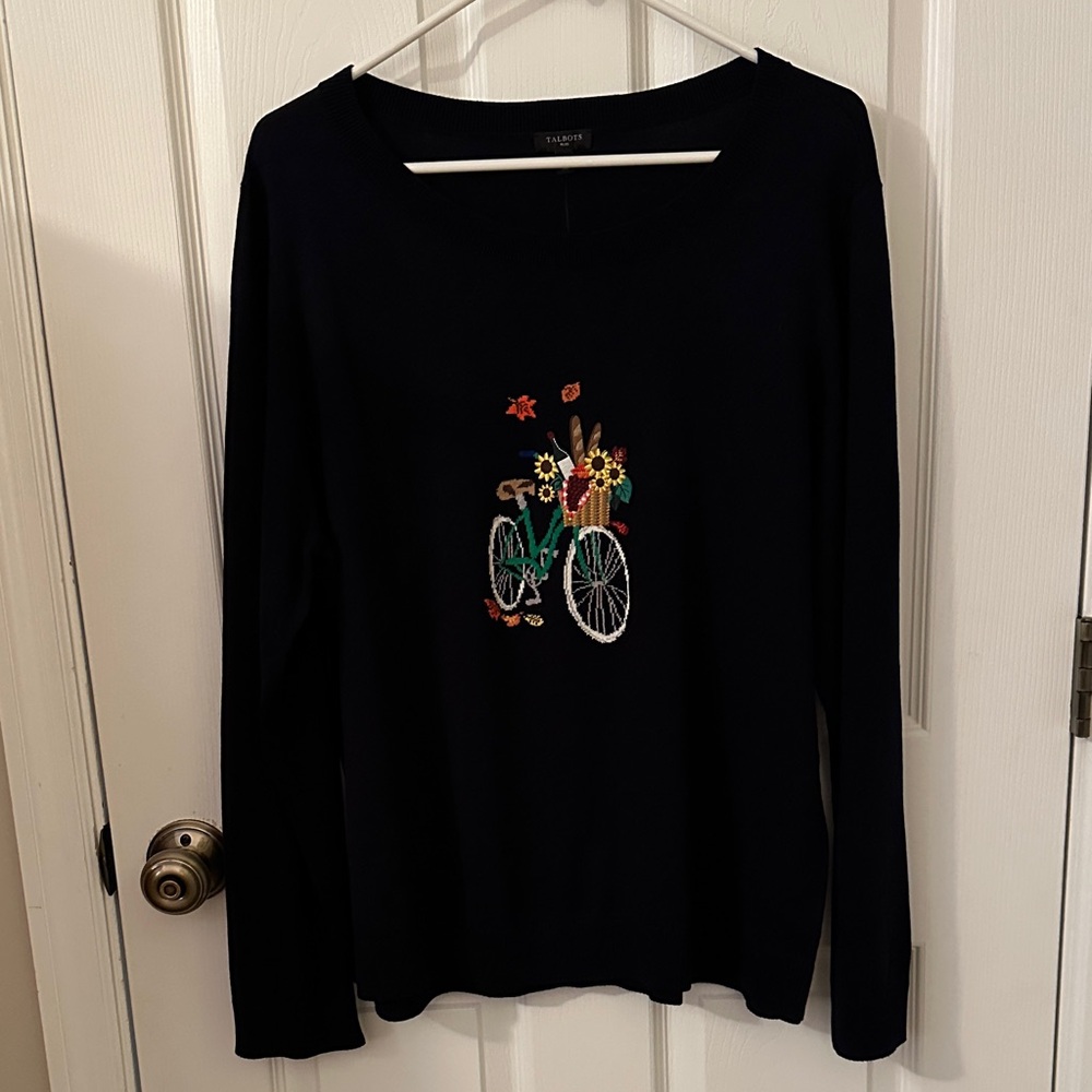 Talbots Navy Long Sleeve Top with Embroidered Bicycle
